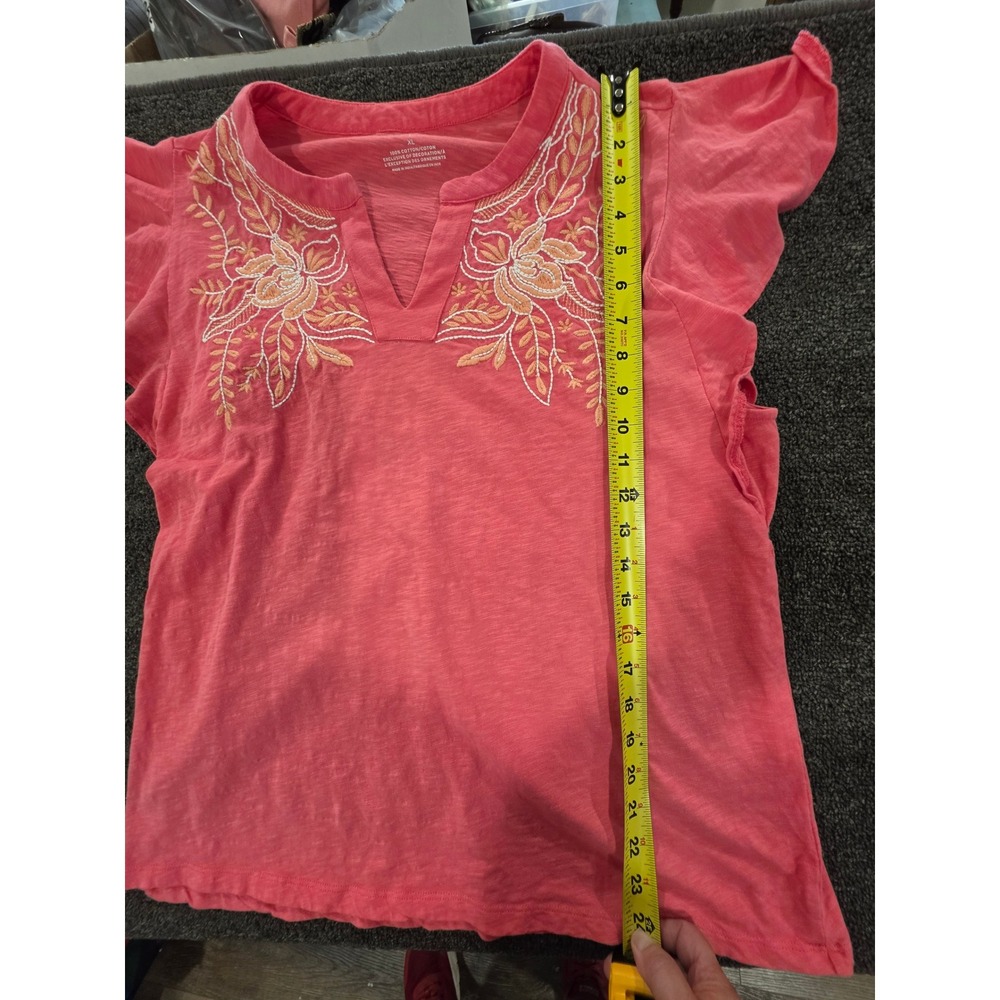 Talbots Coral Pink Embroidered Split Neck Flutter Sleeve Cotton Top XL - Picture 8 of 10